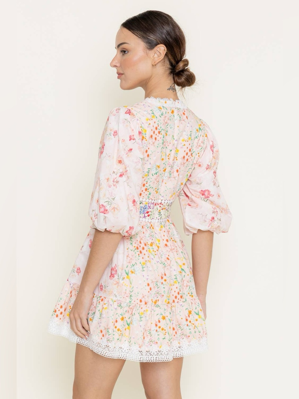 NWOT FORE Collection Floral Print Cotton Crochet Bubble Hem Sleeve Mini Dress - Picture 6 of 13